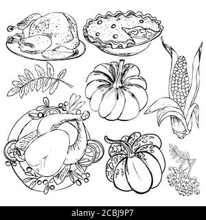 Mise en place de Thanksgiv Dinde, citrouille, tarte, maïs, feuille d'automne, framboise, dinde rôtie. Merci de donner jour le dessin de main de vecteur isolé sur Illustration de Vecteur