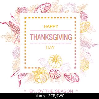 Typographie de Thanksgiving. Illustration vectorielle dessinée à la main avec des citrouilles, des feuilles, de la dinde en couleurs d'automne. Design pour des imprimés, des flyers, des bannières, des invitations Illustration de Vecteur
