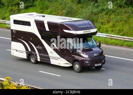 2019 Iveco Daily 70C21 Brown White EquiTrek monospace de cheval; Coach construit et de conversion transport d'animaux équins voyageant sur l'autoroute M6, Lancashire, Royaume-Uni Banque D'Images