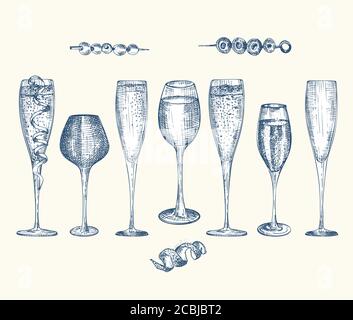 Mettez en place des verres dessinés à la main pour boire de l'alcool. Champagne. Bar au design vintage, restaurant, menu de café sur fond blanc. Modèle créatif pour Illustration de Vecteur