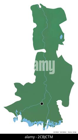 Forme d'Astrakhan', région de Russie, avec sa capitale isolée sur fond blanc. Carte topographique de relief. Rendu 3D Banque D'Images