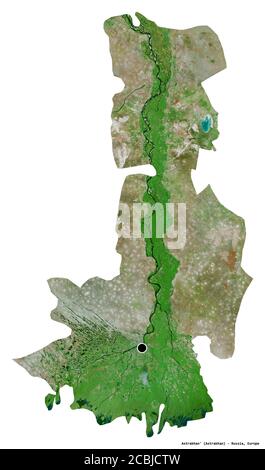 Forme d'Astrakhan', région de Russie, avec sa capitale isolée sur fond blanc. Imagerie satellite. Rendu 3D Banque D'Images