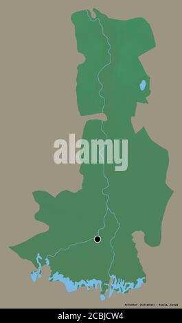 Forme d'Astrakhan', région de Russie, avec sa capitale isolée sur un fond de couleur unie. Carte topographique de relief. Rendu 3D Banque D'Images