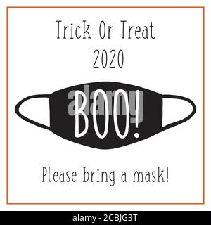 Trick or Treat Halloween 2020 carte postale design masque de visage. Invitation à la fête d'Halloween du coronavirus entièrement modifiable. Illustration vectorielle. Utiliser pour les cartes Illustration de Vecteur
