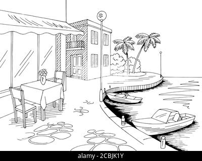 Front de mer Pier café graphique baie mer noir blanc paysage croquis vecteur d'illustration Illustration de Vecteur