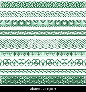 Collection Celtic Vector Seamless Border pattern en vert, motif tressé irlandais pour cartes de vœux, fête de la Saint-Patrick Illustration de Vecteur