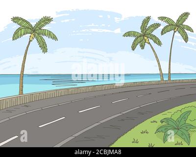 Route graphique palmiers couleur mer paysage dessin illustration vecteur Illustration de Vecteur