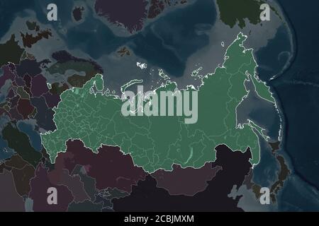 Forme de la Russie séparée par la désaturation des zones voisines. Bordures. Carte d'altitude en couleur. Rendu 3D Banque D'Images