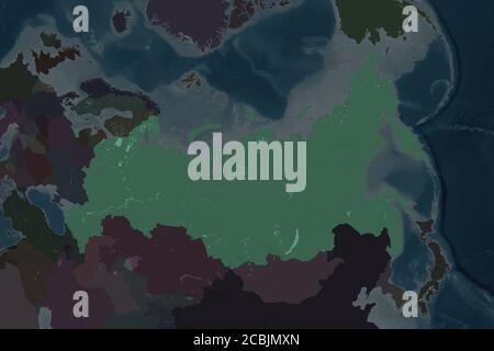 Forme de la Russie séparée par la désaturation des zones voisines. Carte d'altitude en couleur. Rendu 3D Banque D'Images