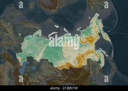 Forme de la Russie séparée par la désaturation des zones voisines. Bordures. Carte topographique de relief. Rendu 3D Banque D'Images
