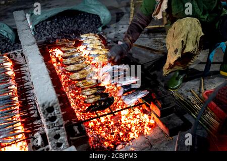 L'image de poissons frais de pêcheurs grillés sur des émonteurs à vendre sur le marché de Dien Van, village de poissons grillés, province de Nghe an, Vietnam Banque D'Images