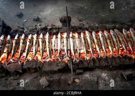 L'image de poissons frais de pêcheurs grillés sur des émonteurs à vendre sur le marché de Dien Van, village de poissons grillés, province de Nghe an, Vietnam Banque D'Images