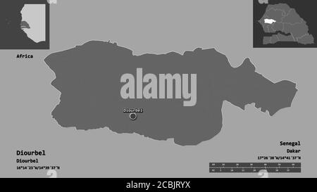 Forme de Diourbel, région du Sénégal, et sa capitale. Echelle de distance, aperçus et étiquettes. Carte d'élévation à deux niveaux. Rendu 3D Banque D'Images