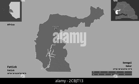 Forme de Fatick, région du Sénégal, et sa capitale. Echelle de distance, aperçus et étiquettes. Carte d'élévation à deux niveaux. Rendu 3D Banque D'Images