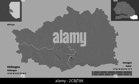 Forme de Kédougou, région du Sénégal, et sa capitale. Echelle de distance, aperçus et étiquettes. Carte d'élévation à deux niveaux. Rendu 3D Banque D'Images