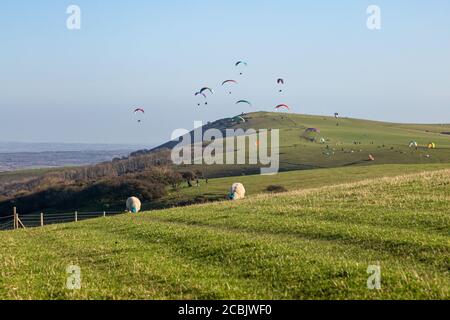 Parapente dans le ciel au-dessus de Firle Beacon dans les South Downs, lors d'une journée hivernale ensoleillée Banque D'Images