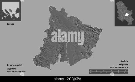 Forme de Pomoravski, district de Serbie, et sa capitale. Echelle de distance, aperçus et étiquettes. Carte d'élévation à deux niveaux. Rendu 3D Banque D'Images