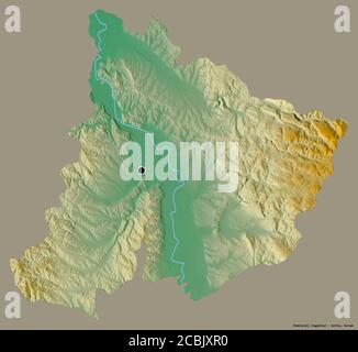 Forme de Pomoravski, district de Serbie, avec sa capitale isolée sur un fond de couleur unie. Carte topographique de relief. Rendu 3D Banque D'Images