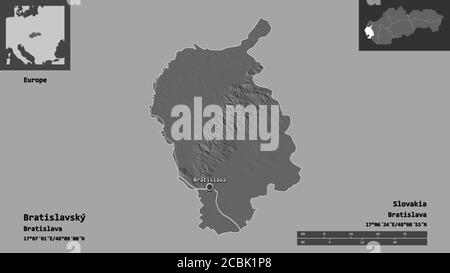Forme de la ville de Bratislava, région de Slovaquie, et sa capitale. Echelle de distance, aperçus et étiquettes. Carte d'élévation à deux niveaux. Rendu 3D Banque D'Images