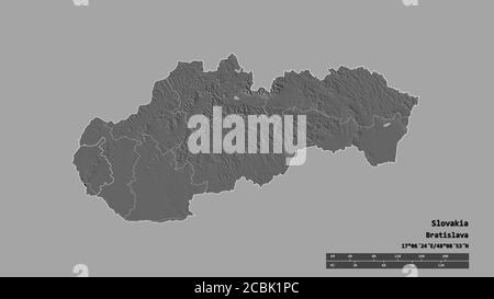 Forme desaturisée de la Slovaquie avec sa capitale, sa principale division régionale et la zone séparée de Bratislava-lavský. Étiquettes. Carte d'élévation à deux niveaux. Rendu 3D Banque D'Images