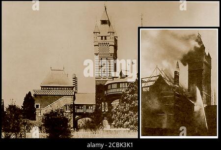 6 mars 1926 - l'ancien théâtre commémoratif de Shakespeare, Stratford-on-Avon (ouvert le 19 avril 1879) a été détruit par un incendie (encadré) - toutes les reliques de l'ancien bâtiment ont été sauvées. Il a été remplacé par le nouveau Théâtre commémoratif de Shakespeare (la designer Elizabeth Scott) Banque D'Images