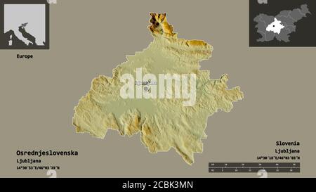 Forme d'Osrednjeslovenska, région statistique de la Slovénie, et sa capitale. Echelle de distance, aperçus et étiquettes. Carte topographique de relief. Rendu 3D Banque D'Images