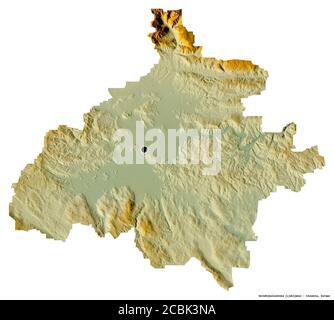 Forme d'Osrednjeslovenska, région statistique de Slovénie, avec sa capitale isolée sur fond blanc. Carte topographique de relief. Rendu 3D Banque D'Images