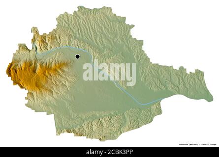 Forme de Podravska, région statistique de Slovénie, avec sa capitale isolée sur fond blanc. Carte topographique de relief. Rendu 3D Banque D'Images