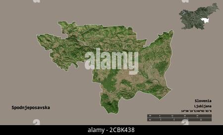 Forme de Spodnjeposavska, région statistique de Slovénie, avec sa capitale isolée sur fond solide. Échelle de distance, aperçu de la région et libellés. Sa Banque D'Images
