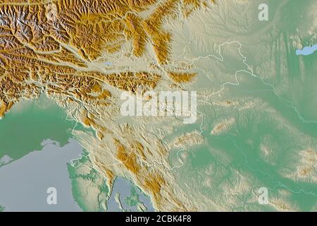 Zone étendue de la Slovénie avec frontières nationales, internationales et régionales. Carte topographique de relief. Rendu 3D Banque D'Images