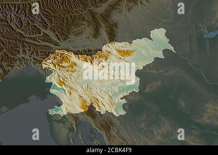 Forme de la Slovénie séparée par la désaturation des zones voisines. Bordures. Carte topographique de relief. Rendu 3D Banque D'Images