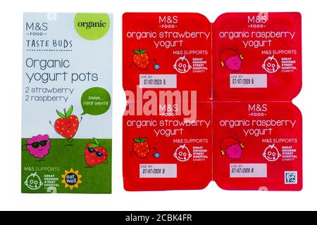 Lot de pots à yaourt biologique M&S Taste Buds isolés sur fond blanc - saveurs fraise et framboise - pack de sélection de yaourt biologique pour enfants Banque D'Images