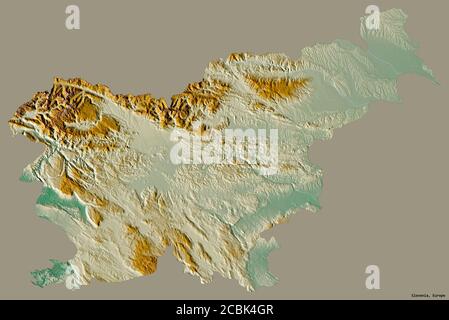 Forme de la Slovénie avec sa capitale isolée sur un fond de couleur unie. Carte topographique de relief. Rendu 3D Banque D'Images