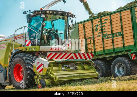 BAVIÈRE / ALLEMAGNE - AOÛT 07,2020 : la moissonneuse Claas Jaguar 930 et un Fendt 926 avec remorque Krone ZX400GL travaillent dans un champ. Banque D'Images