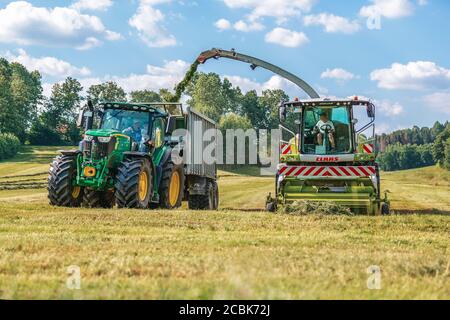 BAVIÈRE / ALLEMAGNE - AOÛT 07,2020 : la moissonneuse Claas Jaguar 930 et un John Deere 6175R avec une remorque Fliegl Gigant travaillent dans un champ. Banque D'Images