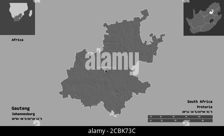 Forme de Gauteng, province d'Afrique du Sud, et sa capitale. Echelle de distance, aperçus et étiquettes. Carte d'élévation à deux niveaux. Rendu 3D Banque D'Images