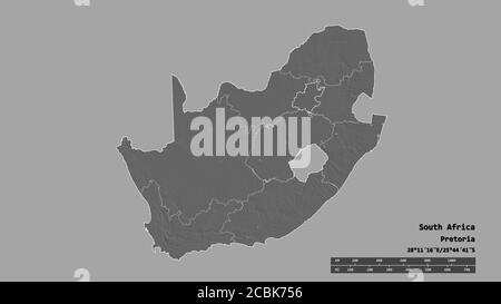 Forme désaturée de l'Afrique du Sud avec sa capitale, sa principale division régionale et la région séparée de Gauteng. Étiquettes. Carte d'élévation à deux niveaux. Rendu 3D Banque D'Images