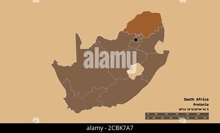 Forme désaturée de l'Afrique du Sud avec sa capitale, sa principale division régionale et la région séparée du Limpopo. Étiquettes. Composition des textures répétées. Banque D'Images