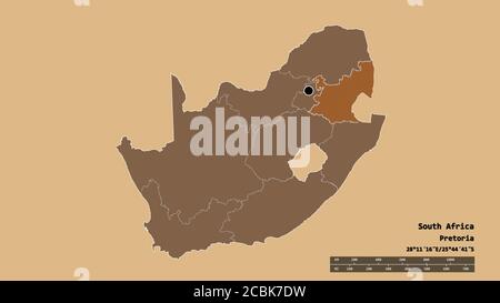 Forme désaturée de l'Afrique du Sud avec sa capitale, sa principale division régionale et la région séparée de Mpumalanga. Étiquettes. Composition de la texture à motifs Banque D'Images