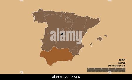 Forme désaturée de l'Espagne avec sa capitale, principale division régionale et la région séparée d'Andalousie. Étiquettes. Composition des textures répétées. Réf. 3D Banque D'Images