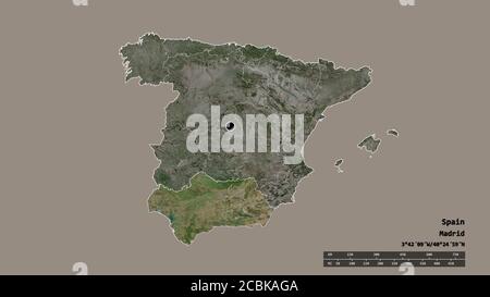 Forme désaturée de l'Espagne avec sa capitale, principale division régionale et la région séparée d'Andalousie. Étiquettes. Imagerie satellite. Rendu 3D Banque D'Images