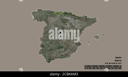 Forme désaturée de l'Espagne avec sa capitale, sa principale division régionale et la région séparée de Cantabrie. Étiquettes. Imagerie satellite. Rendu 3D Banque D'Images