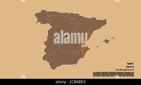 Forme désaturée de l'Espagne avec sa capitale, principale division régionale et la zone séparée de Comunidad Valenciana. Étiquettes. Composition du texte répété Banque D'Images