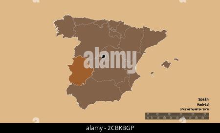 Forme désaturée de l'Espagne avec sa capitale, sa principale division régionale et la région séparée de l'Estrémadure. Étiquettes. Composition des textures répétées. 3D Banque D'Images