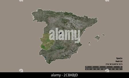 Forme désaturée de l'Espagne avec sa capitale, sa principale division régionale et la région séparée de l'Estrémadure. Étiquettes. Imagerie satellite. Rendu 3D Banque D'Images