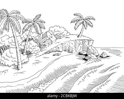 Graphique de la côte de mer noir blanc paysage dessin vecteur d'illustration Illustration de Vecteur