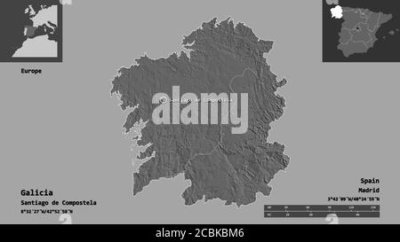 Forme de la Galice, communauté autonome de l'Espagne, et sa capitale. Echelle de distance, aperçus et étiquettes. Carte d'élévation à deux niveaux. Rendu 3D Banque D'Images