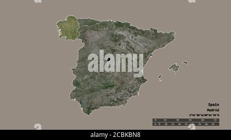 Forme désaturée de l'Espagne avec sa capitale, sa principale division régionale et la région séparée de la Galice. Étiquettes. Imagerie satellite. Rendu 3D Banque D'Images