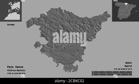 Forme de País Vasco, communauté autonome d'Espagne, et sa capitale. Echelle de distance, aperçus et étiquettes. Carte d'élévation à deux niveaux. Rendu 3D Banque D'Images