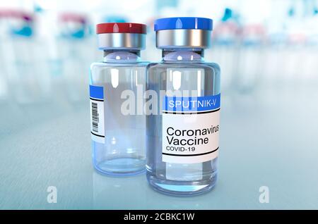 Concept et contexte du vaccin contre le coronavirus. Nouveau vaccin spoutnik-v en laboratoire. Covid-19, pandémie de 2019-nCov. Banque D'Images